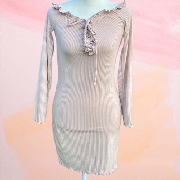 Blashe Tan Off Shoulder Lace Up Bodycon Dress - Picture 1 of 5